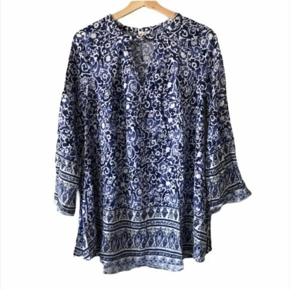 Boutique En Creme Blue & White Paisley Floral Long Sleeve Tunic S